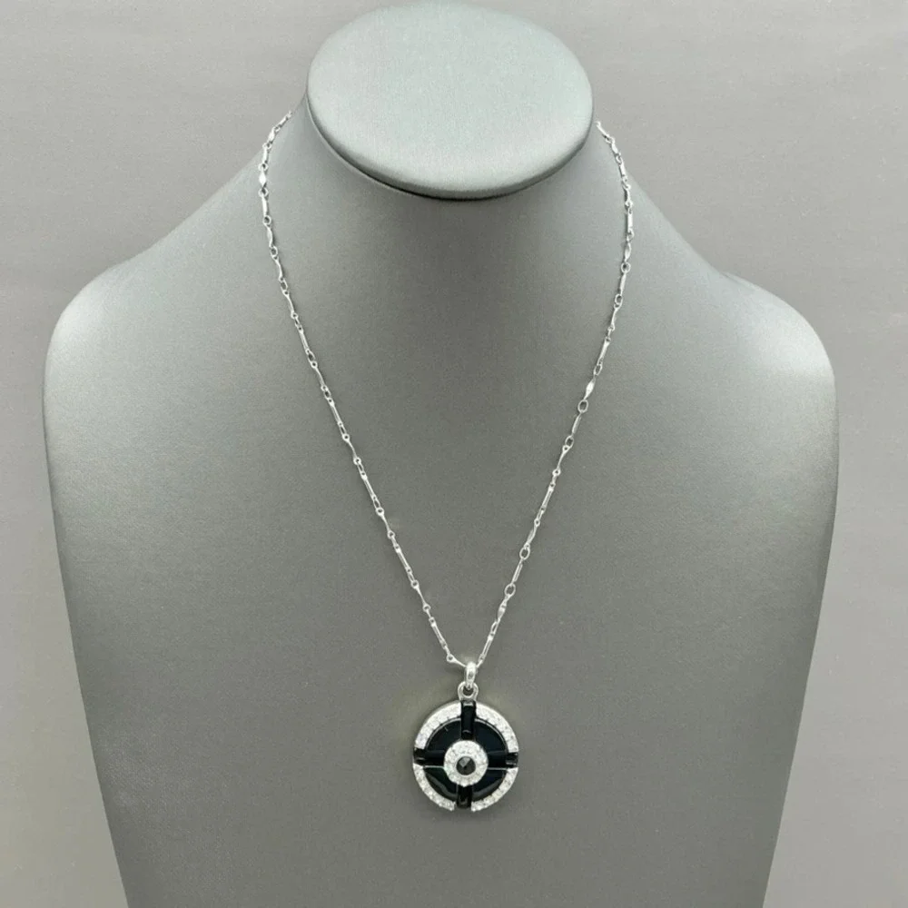 Banana Republic Necklace Womens Silver Tone Black Enamel Crystal Round 20 Inch